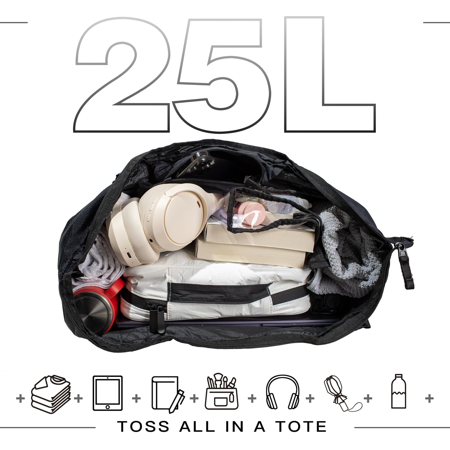 Fynarzel 0.03mm ultra-thin Foldable Lightweight Tote Bag Nylon for Travel Duffel,Polyester Packable Totes with Zipper, 23-28L Collapsible Compact Large for Women and Men,Black