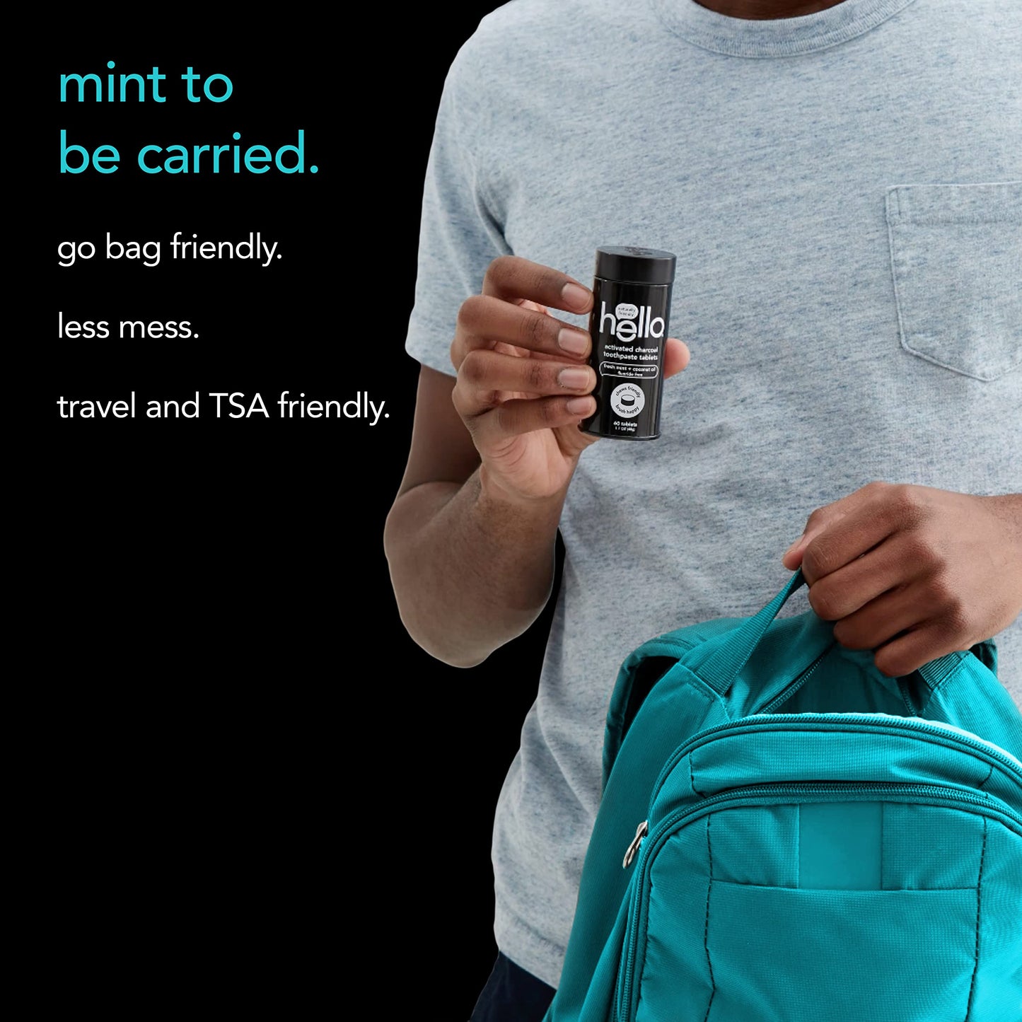 Hello Activated Charcoal Teeth Whitening Eco Friendly Travel Toothpaste Tablets, Fresh Mint and Coconut Oil, Fluoride Free, TSA Compliant, Vegan, SLS Free, Plastic-Free, 60 Tablets