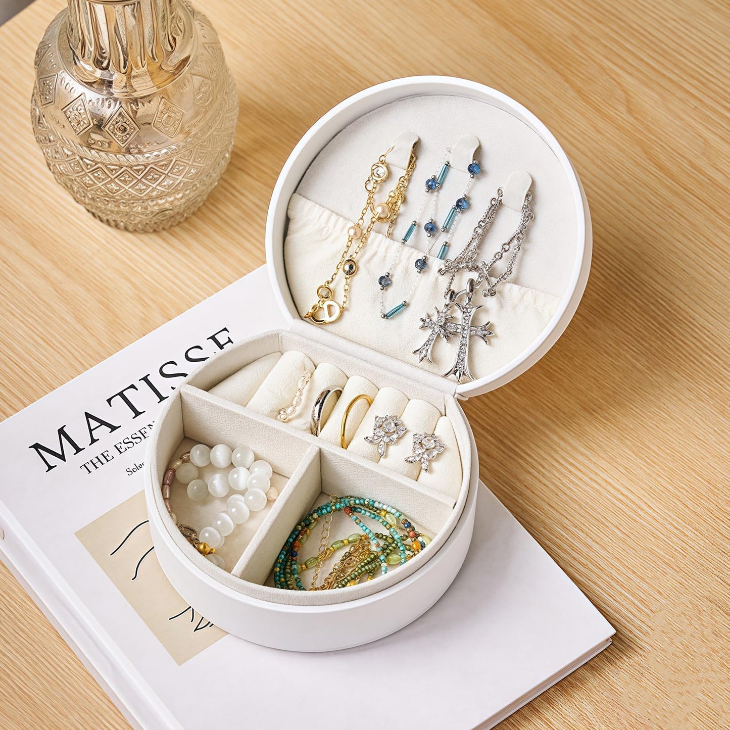 Travel Jewelry Case,Personalized Jewelry Box,Elegant Half-Moon Design with Personalized Golden Initial Case,Personalized Gifts for Women,Jewelry organizer;Personalized Gifts for Women or Friends(E)