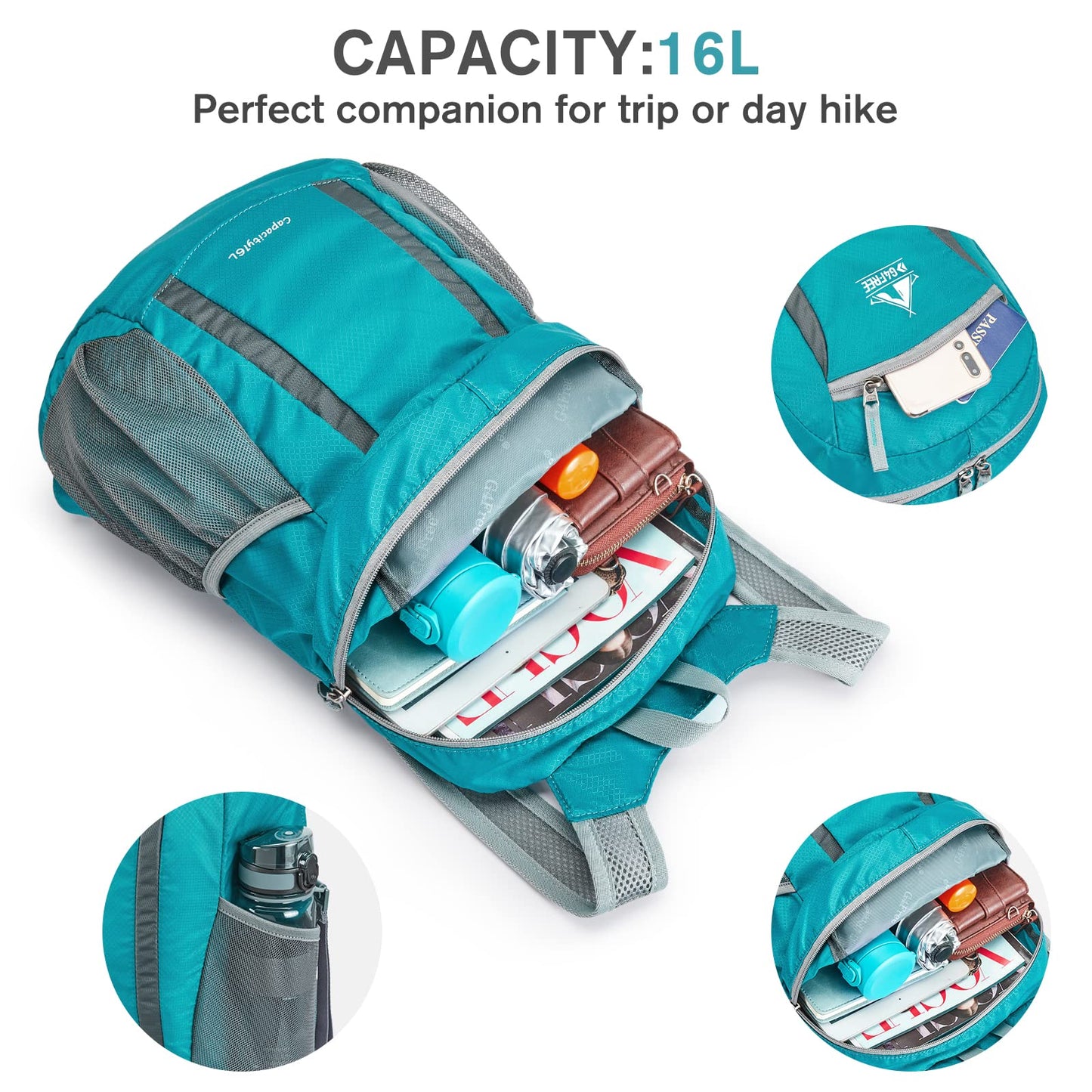 G4Free 16L Hiking Daypack, Lightweight Packable Small Backpack for Travel Camping Outdoor Men Women