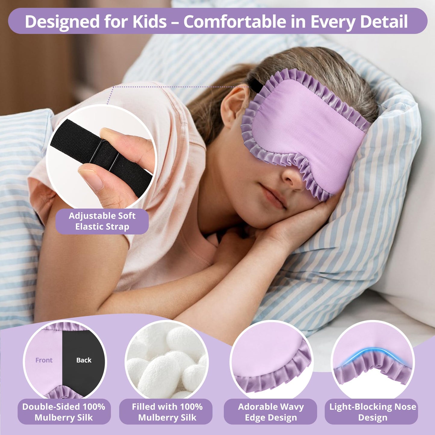 Kids Sleep Mask, 100% Real Mulberry Silk Eye Mask, Sleeping Mask for Kids with Adjustable Elastic Band, Soft & Light Blocking Eye Cover Gift for Boys Girls Teens Age 5+ (Purple)