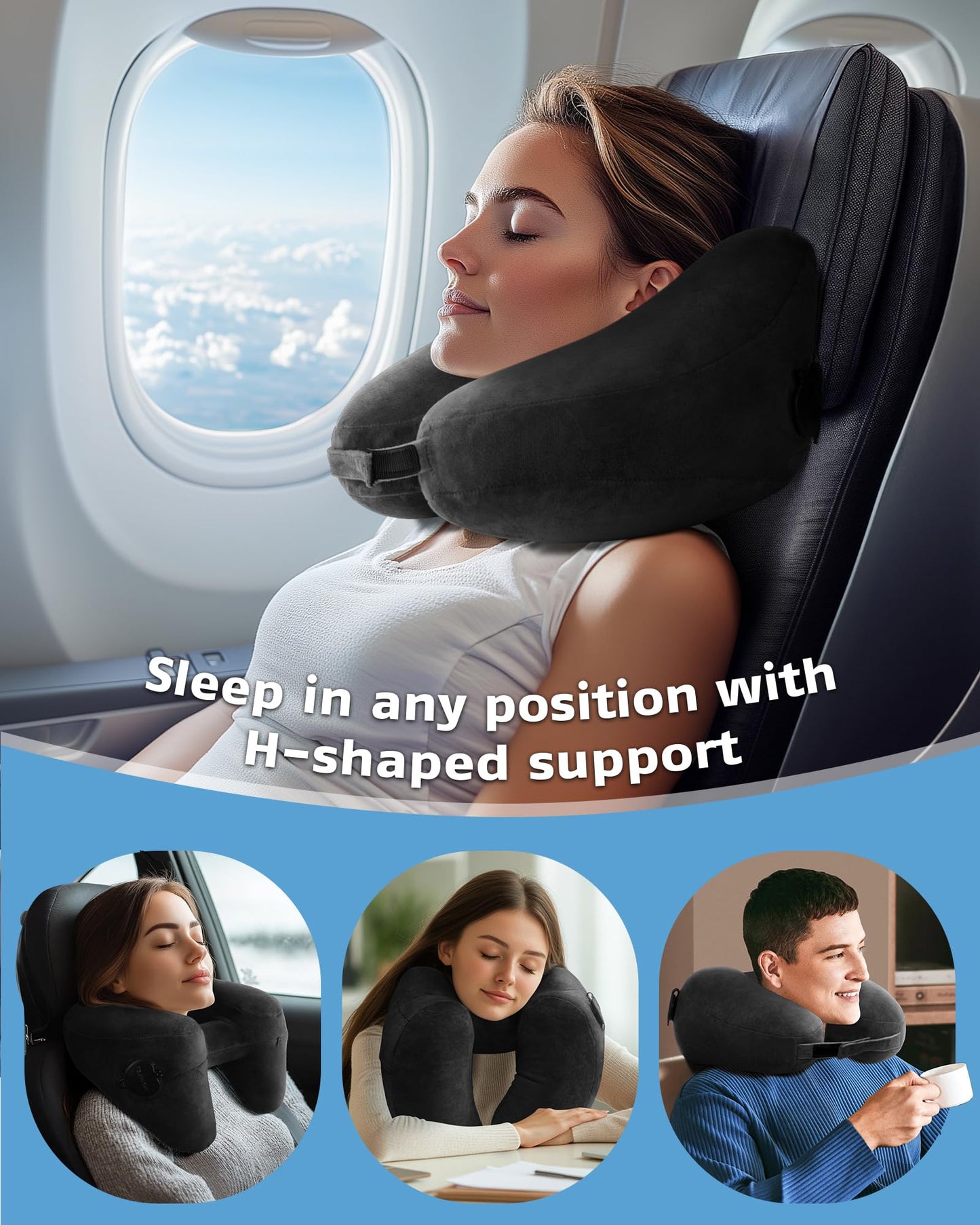 loveheek Travel Pillow Inflatable Neck Pillow Airplane Pillow with Velvet Cover Inflatable Pillow for Car/Train/Plane (Black, M)