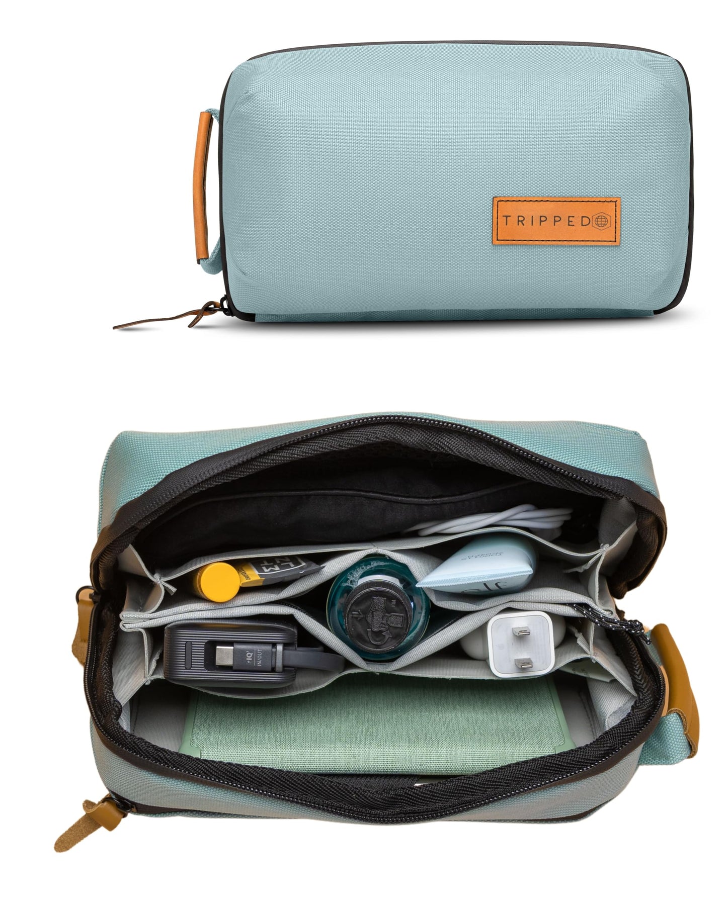 Tech Bag Organizer - Small Electronics Organizer Pouch for Travel - Premium Travel Case with Leather Accents - Mesh Pocket for Cables, Cords and Chargers (Dusty Teal)