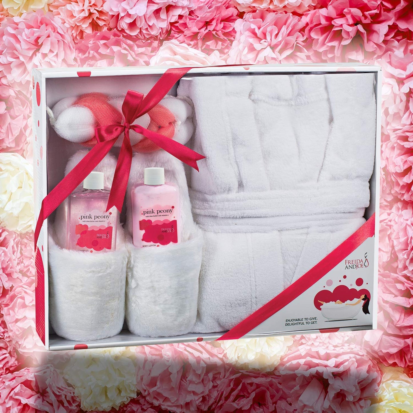 Luxury Home Spa Gift Basket with Pink Peony Scent - Indulgent Ultra Soft Bathrobe & Plush Slipper Spa Box for Women - Complete Bath & Body Set Luxury Body Care