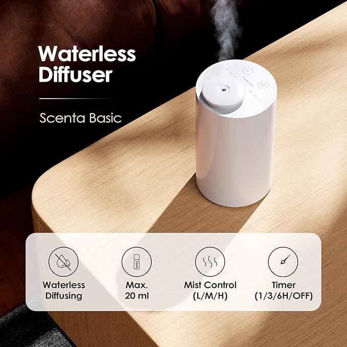 Waterless Essential Oil Diffuser Starter Kit with 30mL Fragrance Oil Inspired by Four Seasons Hotel, Battery Operated Mini Scent Air Machine Portable Diffuser for Home Car Office, White AN6