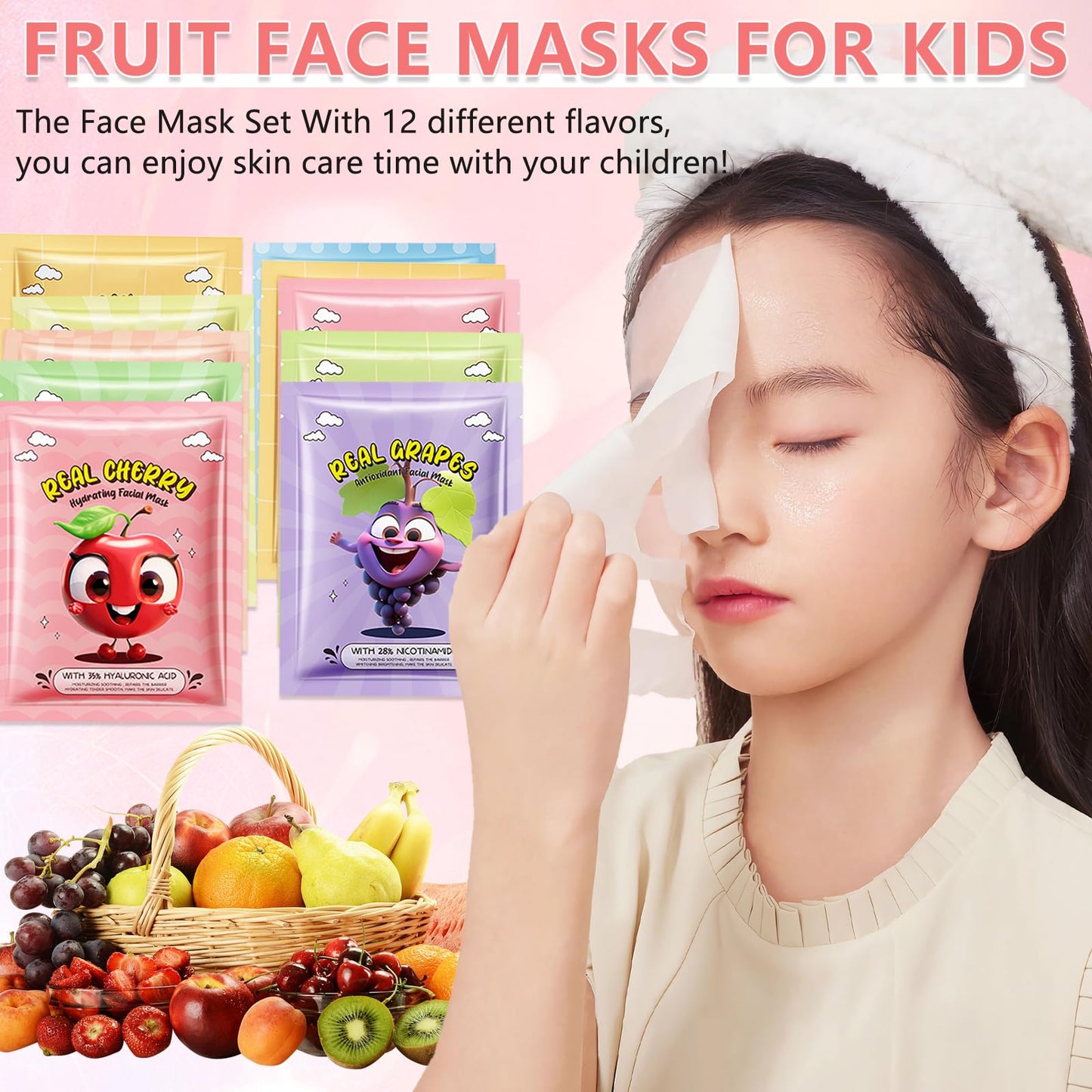 12 Pack Fruit Face Mask for Kids, Stocking Stuffers, Skin Care for Kids, Moisturizing Face Masks Skin Care, Facial Mask Bulk, Kid Party Favors, Christmas Gifts, Slumber Party Supplies for Girls
