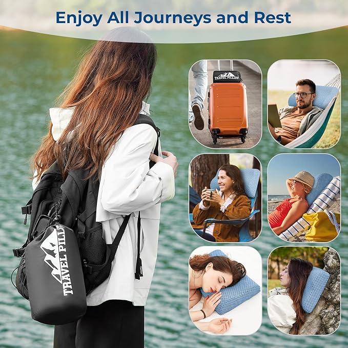 Travel Pillow Memory Foam Pillows, Ergonomic Wave Cervical Neck Pillow for Neck Pain Relief, Compressible Medium Firm Side Sleeper Pillow, Ideal for Camping, Office, Home & Bed (Blue, S)