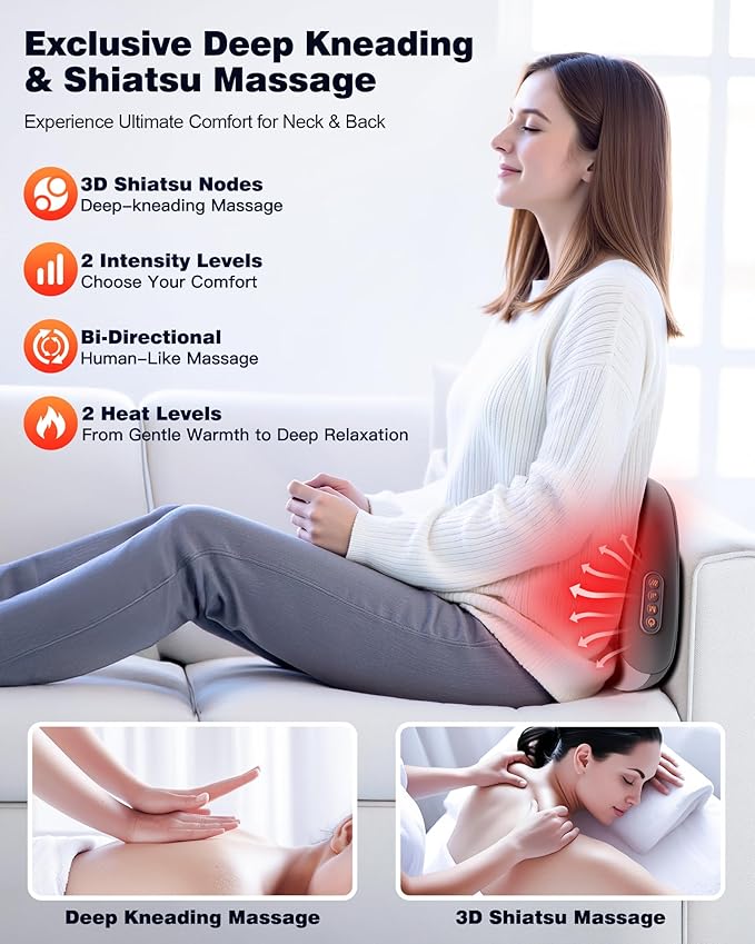 Shiatsu Back and Neck Massager with Heat – Deep Kneading Massage Pillow for Relaxation – Corded Design for Full Body Use - for Loved Ones