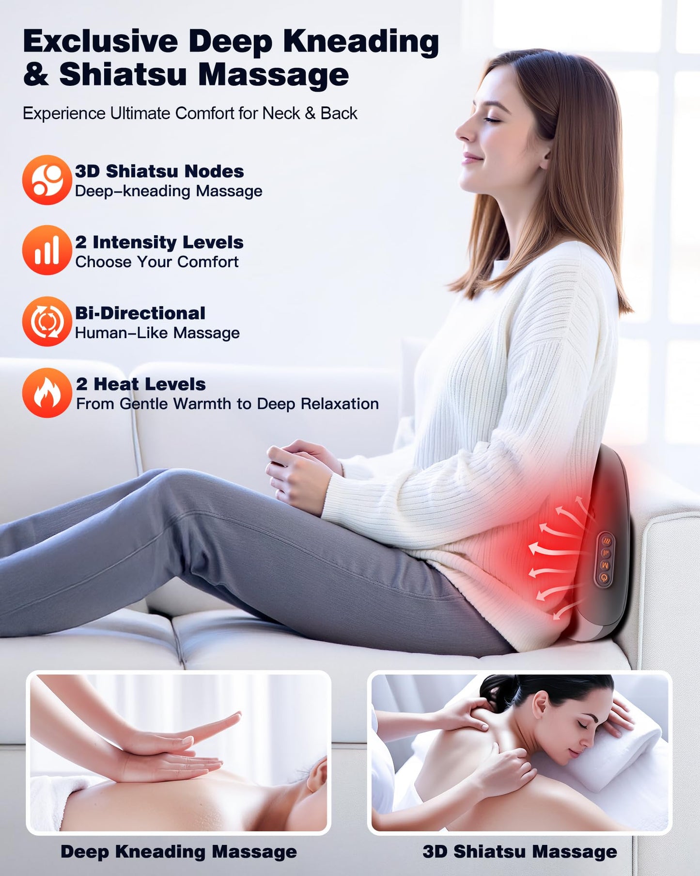 JZBRAIN Shiatsu Back and Neck Massager with Heat – Deep Kneading Massage Pillow for Relaxation – Corded Design for Full Body Use - for Loved Ones