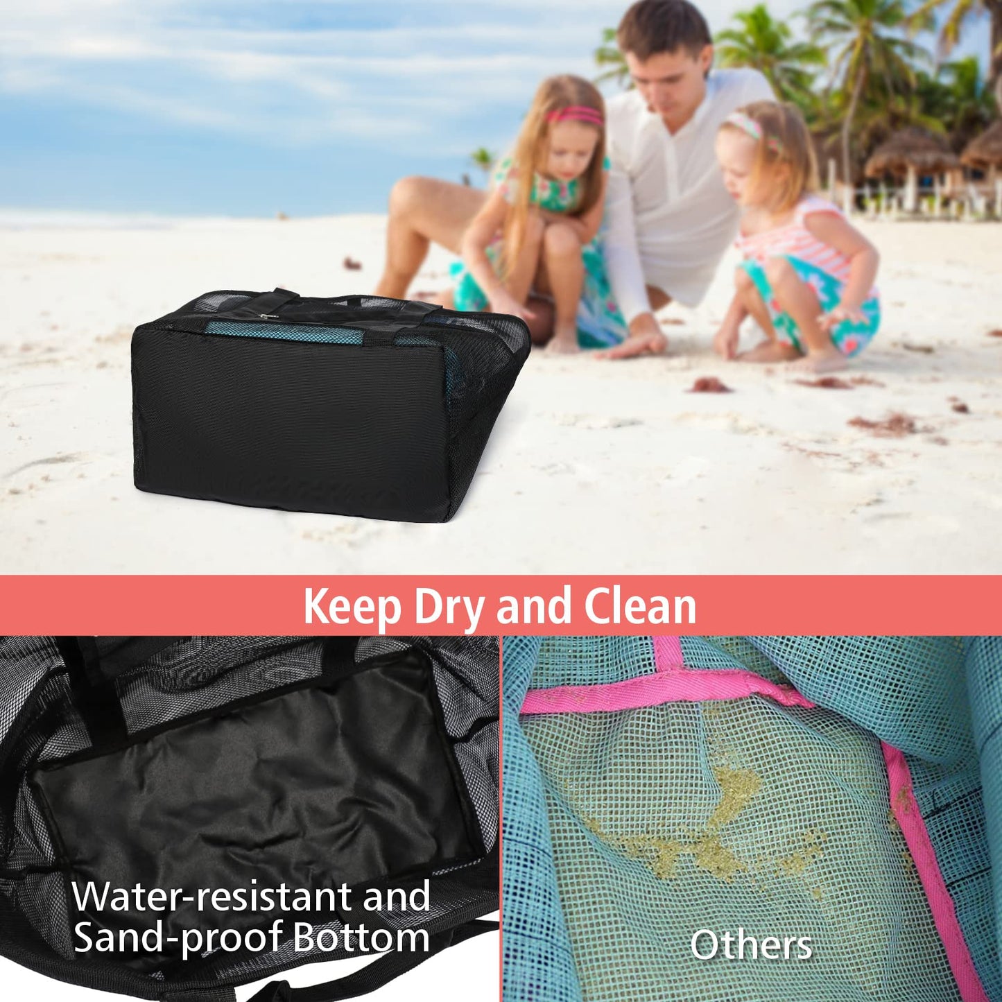 F-color Foldable XL Mesh Beach Bag, 9-Pockets Lightweight Beach Bag for Women with Bottom Waterproof-Sandproof for Pool Travel Grocery Black