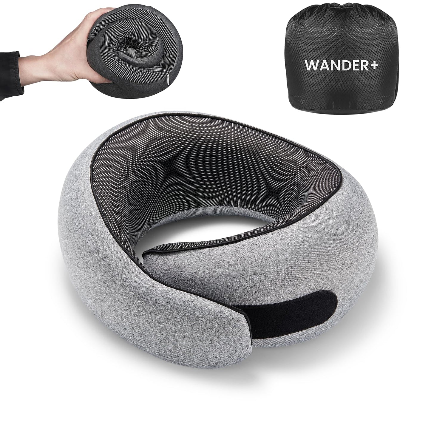 WANDER PLUS® Travel Pillow, 100% Pure Memory Foam Travel Neck Pillow Airplane Neck Support Ergonomic Design Best for Sleeping Plane Car Train Office Flight for Adults Grey