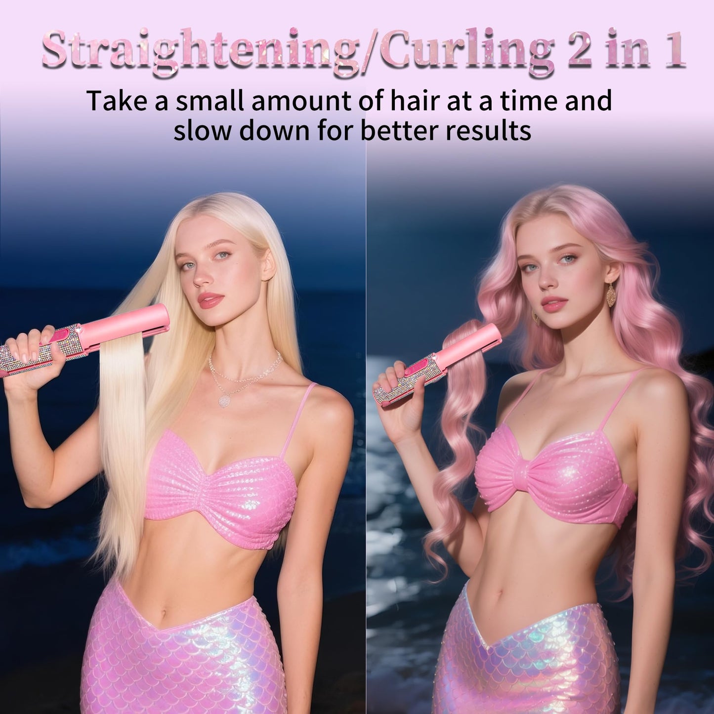Cordless Hair Straightener, Portable Straightener 2 in 1 for Hair Straightening and Curling, Fast Heating Cordless Flat Iron, Cordless Curling Iron 5000mAh Rechargable for Travel (Mermaid)