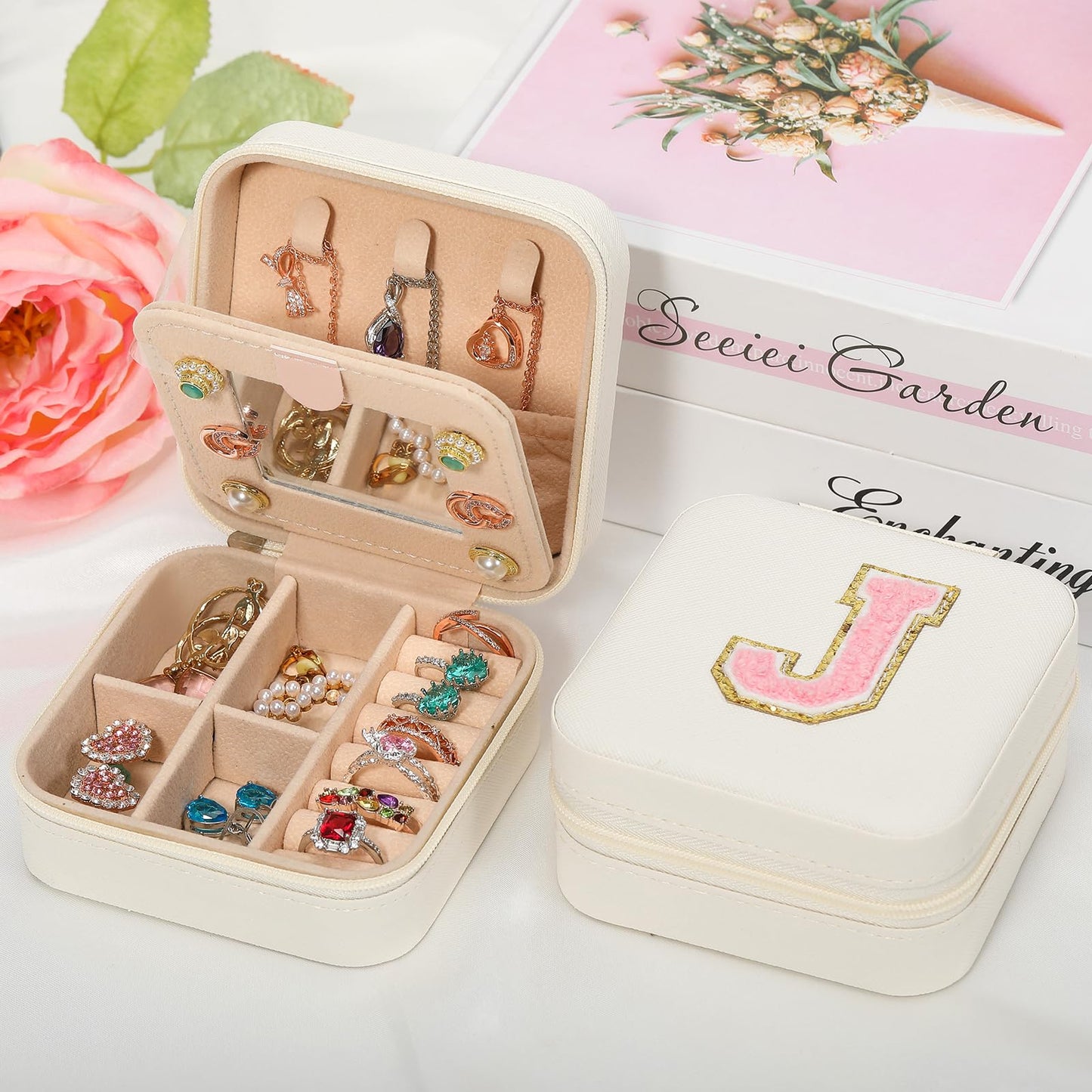 CHMI Travel Jewelry Case, White Travel Jewelry Box, Travel Jewelry Organizer, Travel Gifts for Women Girls, Jewelry Organizer Box, Birthday Gifts for Women, Christmas Gifts for Teens Girls - Initial J