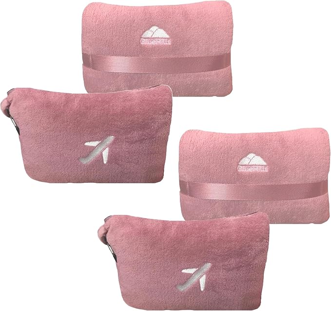 BlueHills 2 Pack Travel Blanket Pillow in Mini Soft Case Premium Plush Airplane Blankets Soft Bag Compact with Luggage Belt and Backpack Clip Small Traveling Pillows Lightweight Accessories - Pink M22