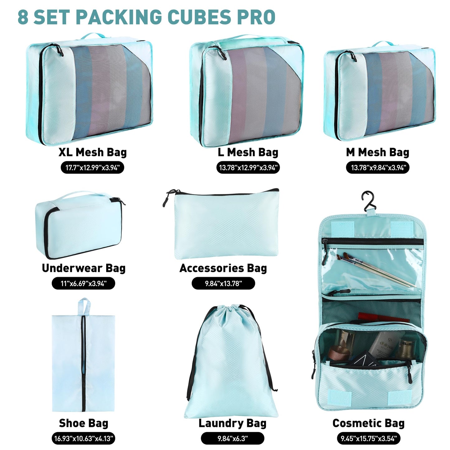 Toncoke 8-Piece Packing Cubes for Travel, Mesh Luggage Organizers with Shoe Bag, Toiletry Bag, Laundry Pouches, 4 Sizes (XL/L/M/S) for Suitcase Organization, Men Women Kids, Lake Blue