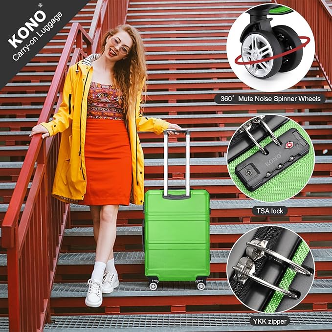 Kono Luggage Set 4 Piece Carry On Hardside Luggage with TSA Lock Spinner Wheels Carry On Suitcase Apple Green