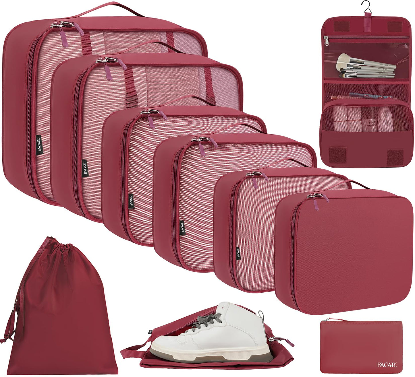 BAGAIL 10 Set Packing Cubes Various Sizes Packing Organizer for Travel Accessories Luggage Carry On Suitcase-Burgundy
