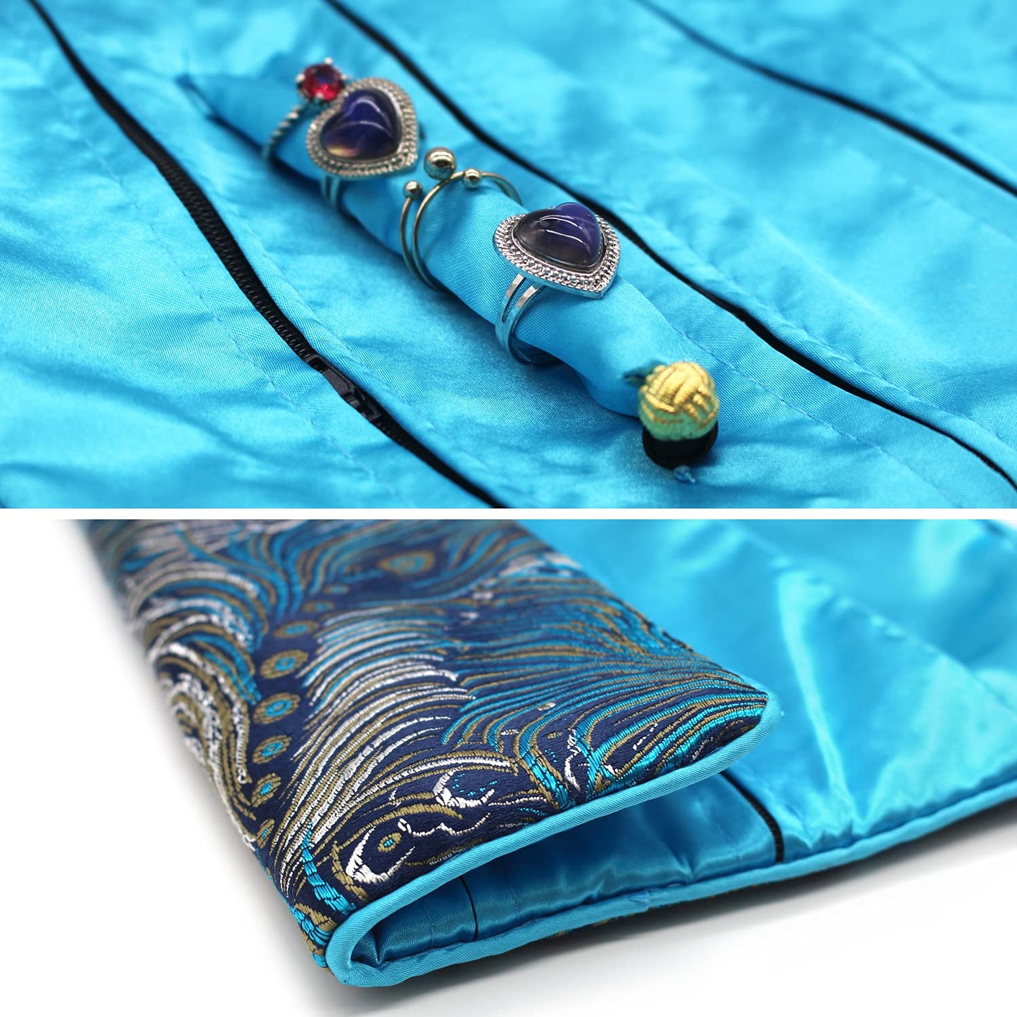 Wei Long@Jewelry Roll, Travel Jewelry Roll Bag,Silk Embroidery Brocade Jewelry Organizer Case with Tie Close, (Peacock,Blue)