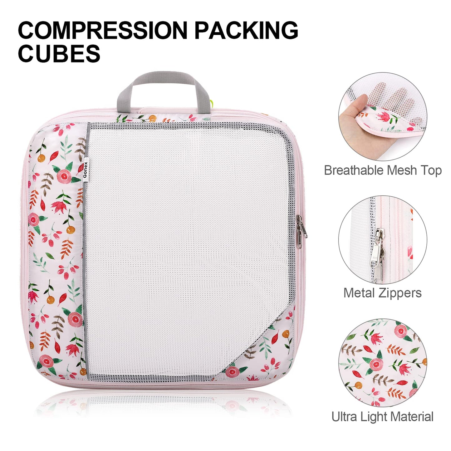 Gonex 6pcs Travel Compression Packing Cubes Set, Extensible Storage Mesh Bags, Water Repellent Polyester Flower Printed Travel Clothes Organizers Luggage Cubes with Laundry Bag (Pink)