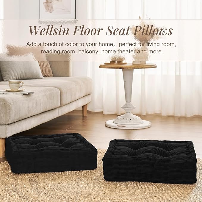 Wellsin Square Floor Pillows for Adults Kids - Meditation Floor Pillow Seating Cushion - Tufted Floor Cushion with Shredded Foam & Velvet Cover, 1 Pack, 20x20 Inch, Black