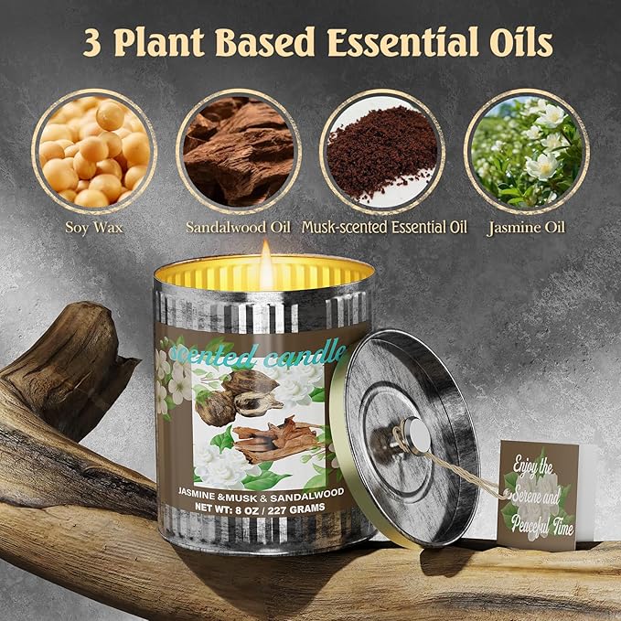 Jasmine&Musk&Sandalwood Scented Candle Set | 2Pack 16oz 80H Burn Time,8% Essential Oils | Smoke-Free Pure Soy Wax | Aromatherapy for Relaxing,Yoga Meditation Spa,Gift Set for Men/Women/Father's Day