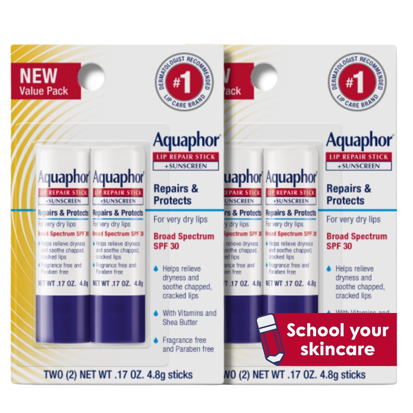 Aquaphor Lip Repair and Protect Stick with Sunscreen, Broad Spectrum SPF 30 Sunscreen Lip Balm, 0.17 Oz Stick, Pack of 4
