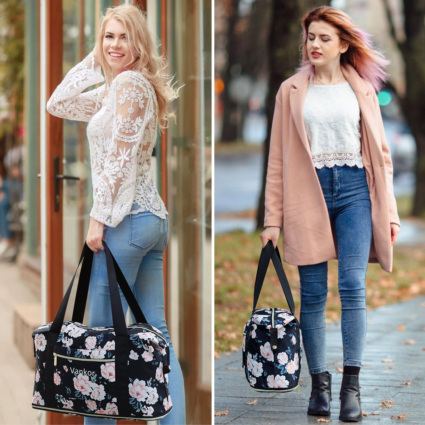 Vankor Expandable Travel Duffle Bag for Travel, Foldable Carry on Tote Bag Lightweight Weekender Overnight Hosptital Bag for Men Women Black Floral