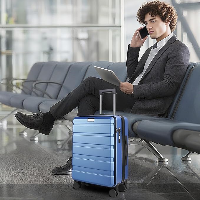 KROSER Carry On Luggage with Spinner Wheels & Built-in TSA Lock, Expandable Top Loading Hard Shell Suitcase Large Capacity Durable Rolling Luggage with USB Port, Carry-On 20-Inch, Light Blue