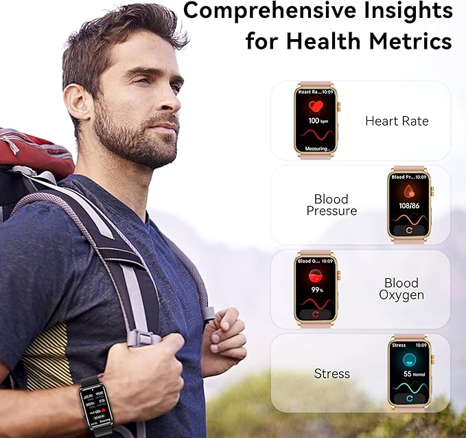 KPEP Health Fitness Watch with LED Flashlight, 24/7 Stress/Blood Pressure/SpO2/Heart Rate/Sleep Monitor, 100+ Sport Modes Calorie Counter Pedometer IP68 Waterproof Fitness Tracker for Men Women, Black