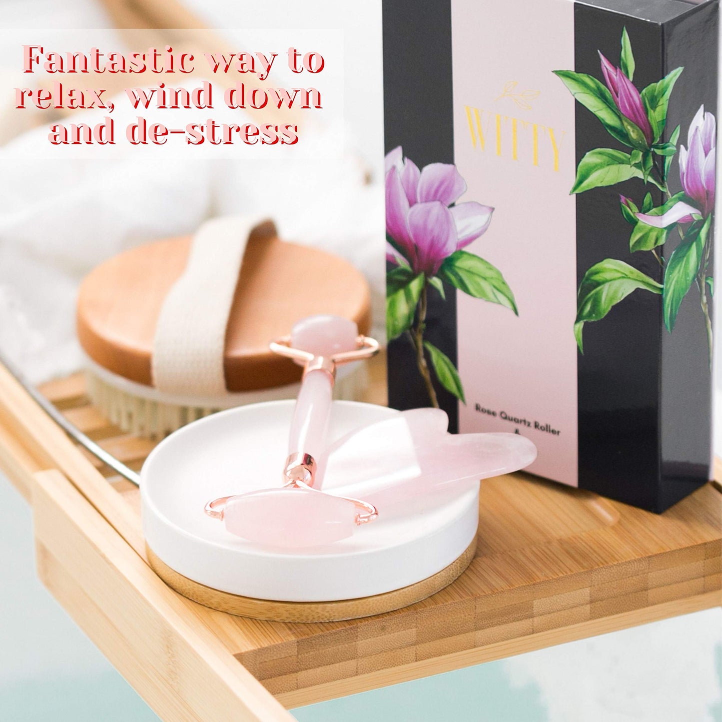 WITTY Rose Quartz Roller for Face, Gua Sha Stone Set in Hand-Drawn Giftbox - Jade Face Roller, Face Massager Roller, Face Scraper Tool - Guasha Tool for Face Roller Skin Care, Eyes, Neck - Extra Pouch