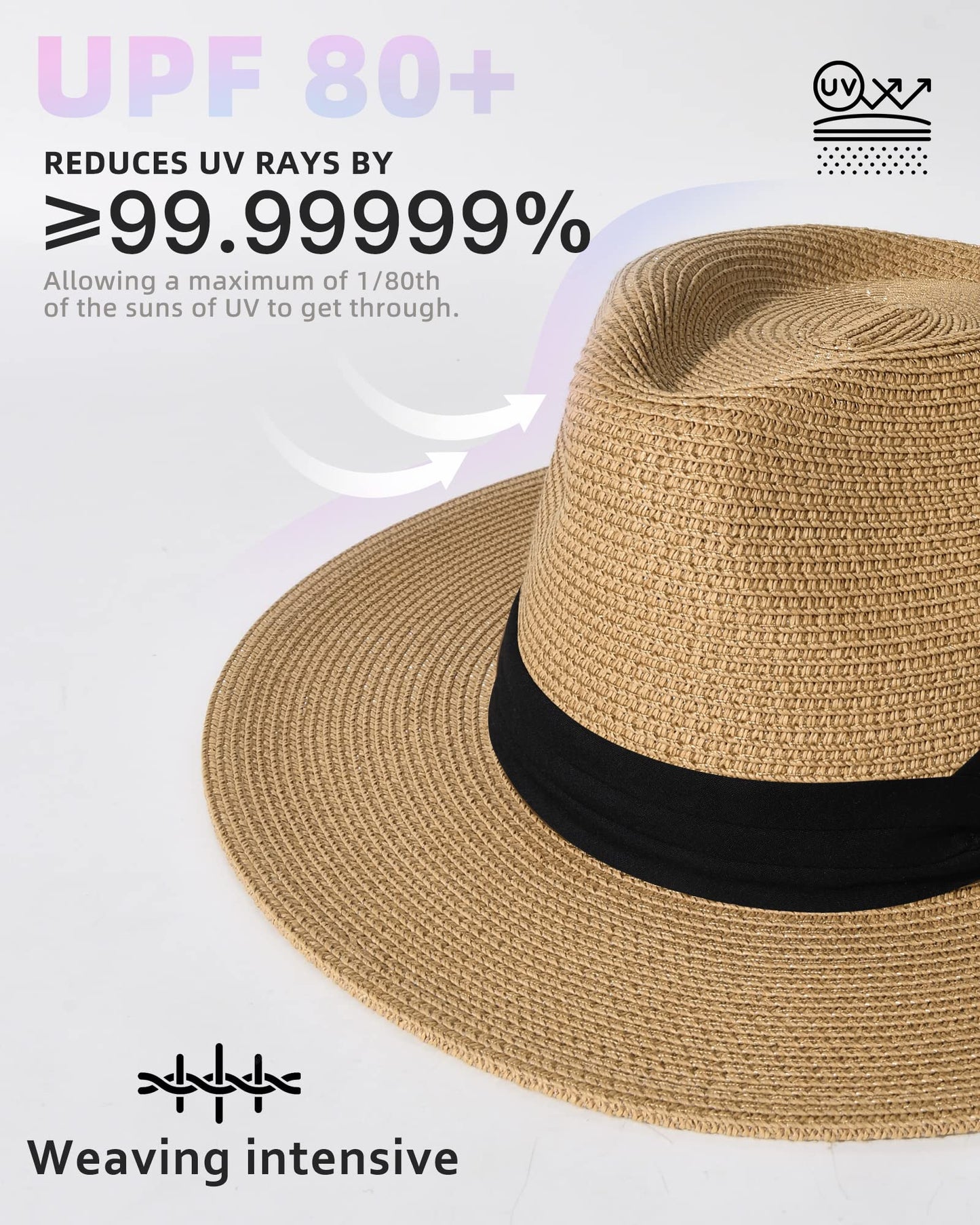 FURTALK Womens Mens Wide Brim Straw Panama Hat Fedora Summer Beach Sun Hats UPF Straw Hat for Women Khaki