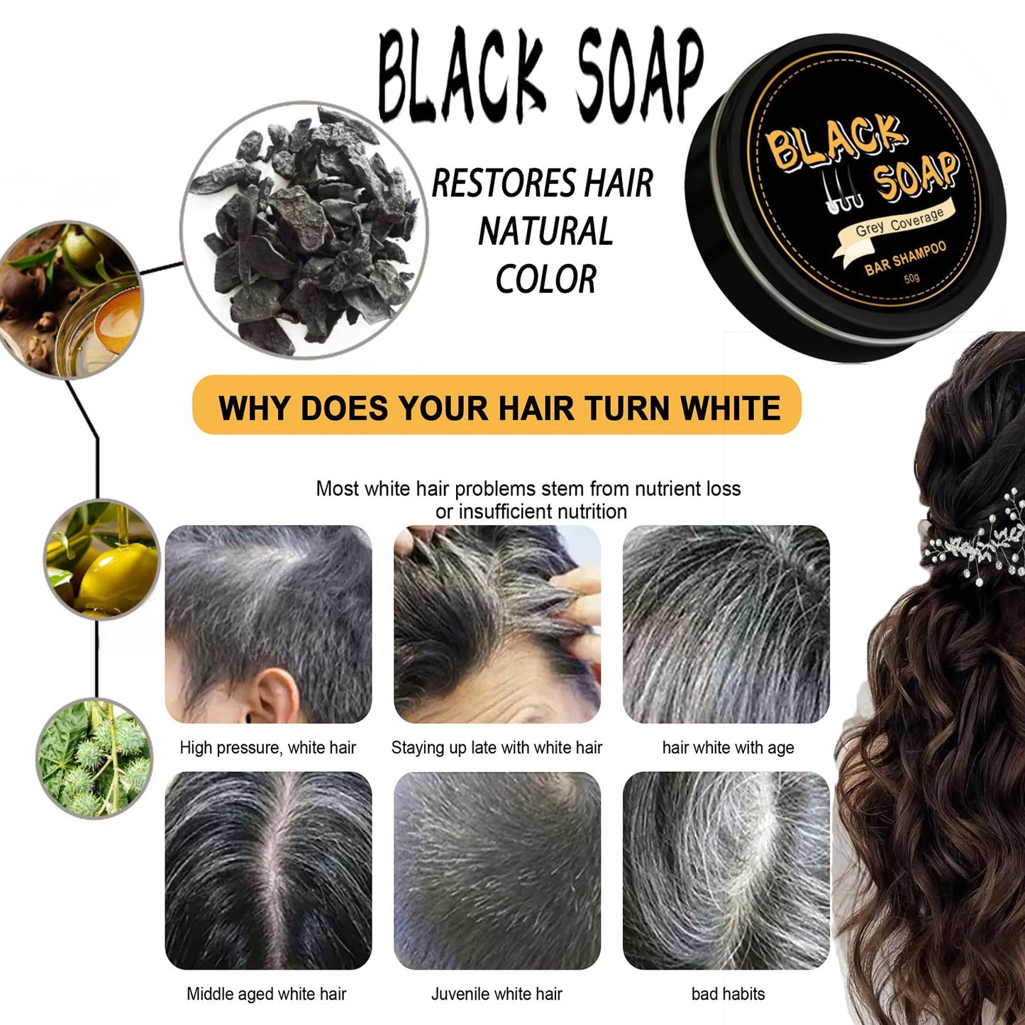 Gray Hair Reverse Bar Soap, Natural Black Soap for Hair & Beard Darkening,Darkening Shampoo Bar with Ginseng & Black Sesame, Vegan, Deep Cleans & Nourishes Scalp, 2PACK