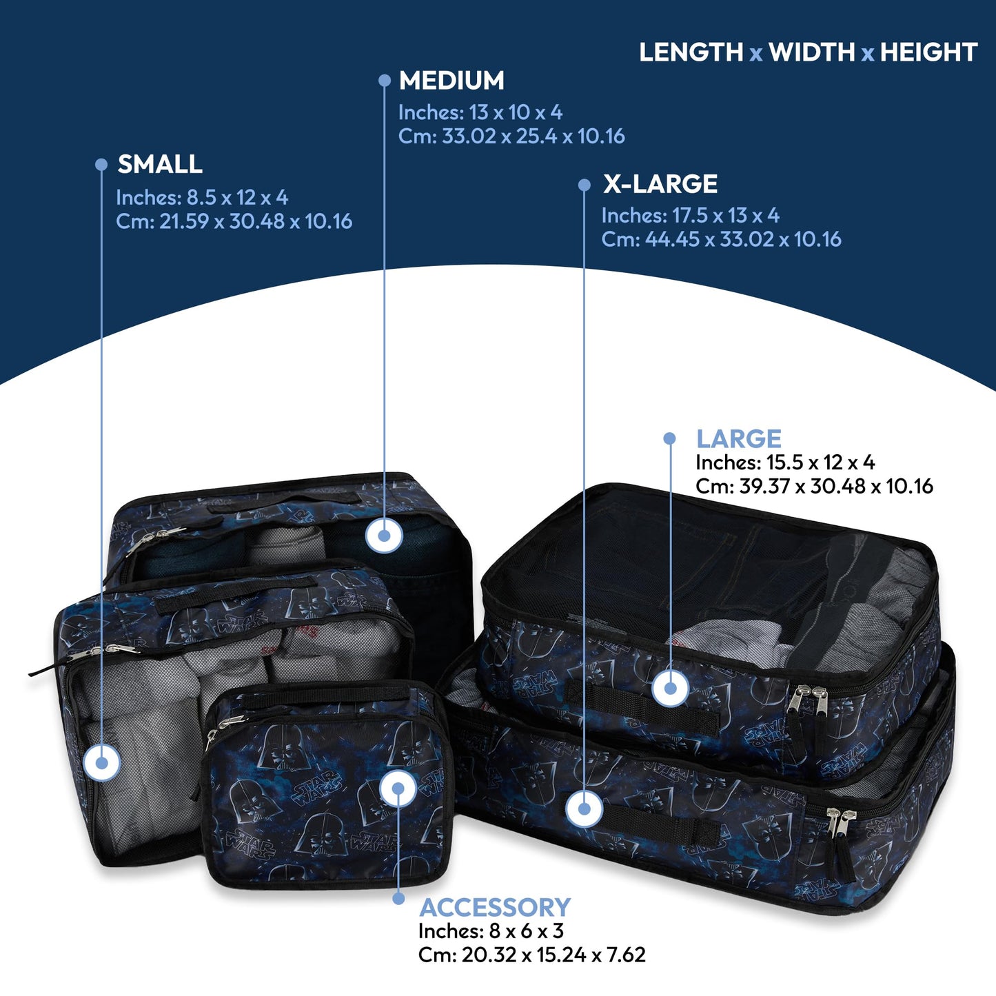 Star Wars Packing Cube Set - Darth Vader, Storm Trooper, Yoda - 5 Piece Packing Cube Travel Essential - Luggage Organizer Set - For Kids,Teens, Adults