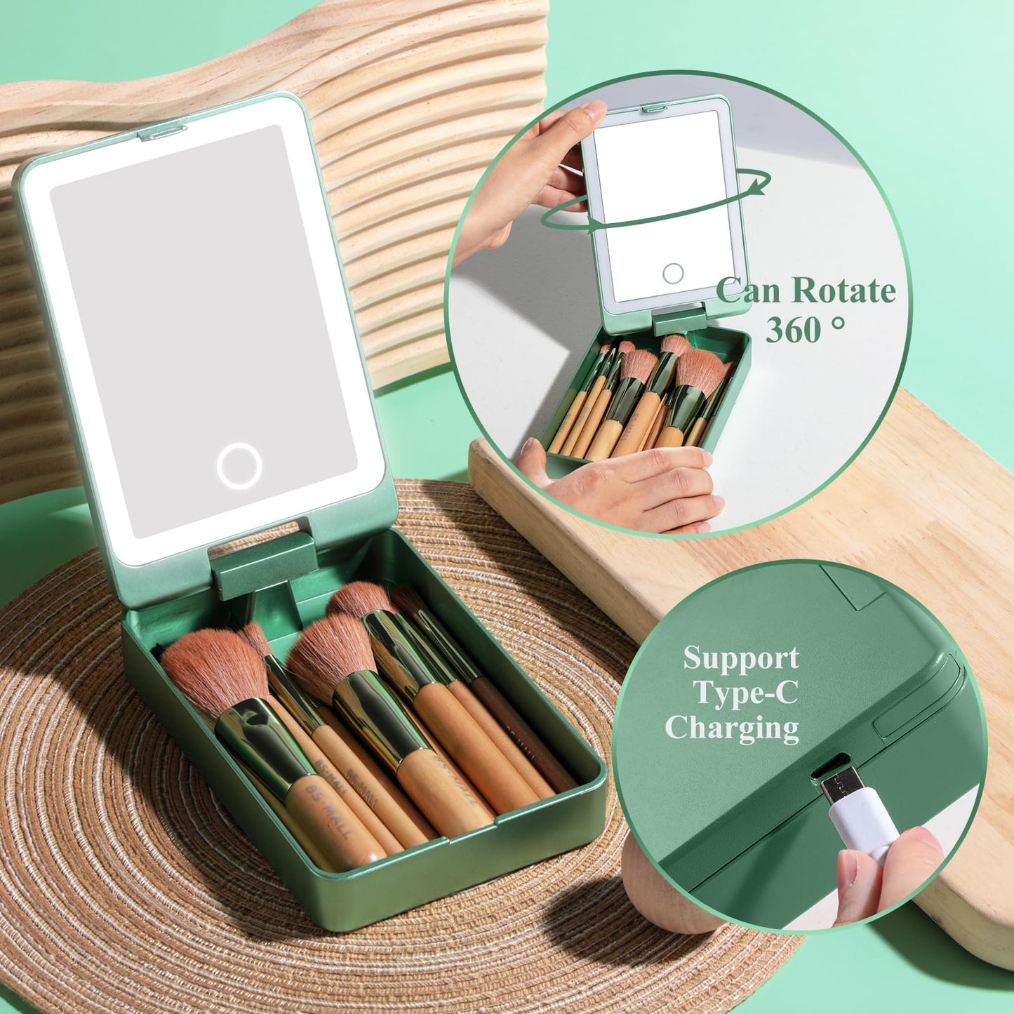BS-MALL Travel Makeup Brush Set – 14 Pcs Foundation Powder Concealers Eye Shadows with LED Light Mirror, Green
