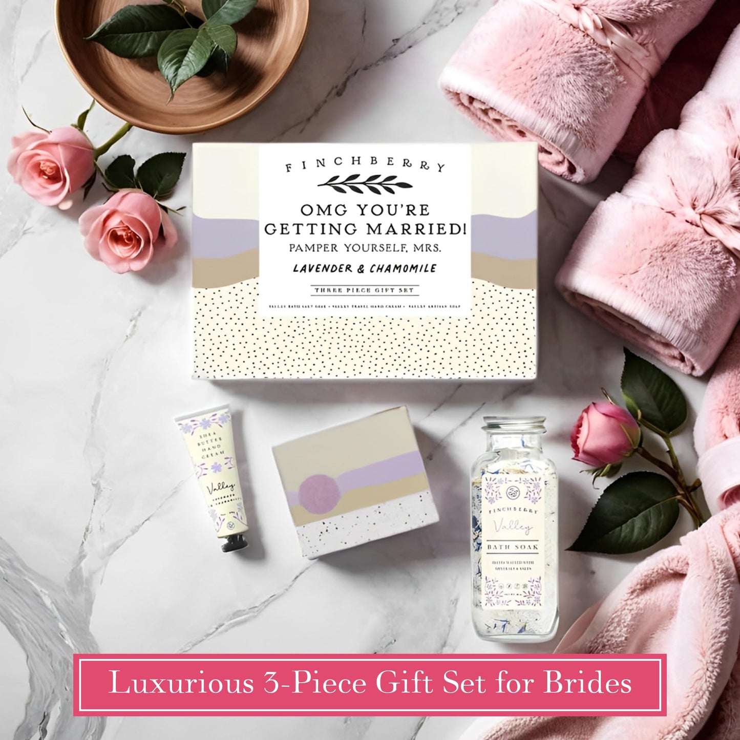 FinchBerry OMG You're Getting Married Gift Set โ 3-Piece Wedding Gift for Couples, Mr. & Mrs., Bridal Shower, Bride-to-Be โ With Luxurious Soap Bar, Hand Cream & Bath Soak โ Ideal Wedding Surprise!