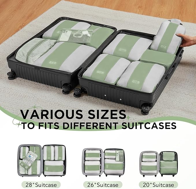 10 Set Compression Packing Cubes for Travel Essentials,Compressible Expandable Packing Cubes for Suitcase,OlarHike Luggage Organizer Bags for Travel,Handy Helper for Organizing Clothes(Matcha Green)