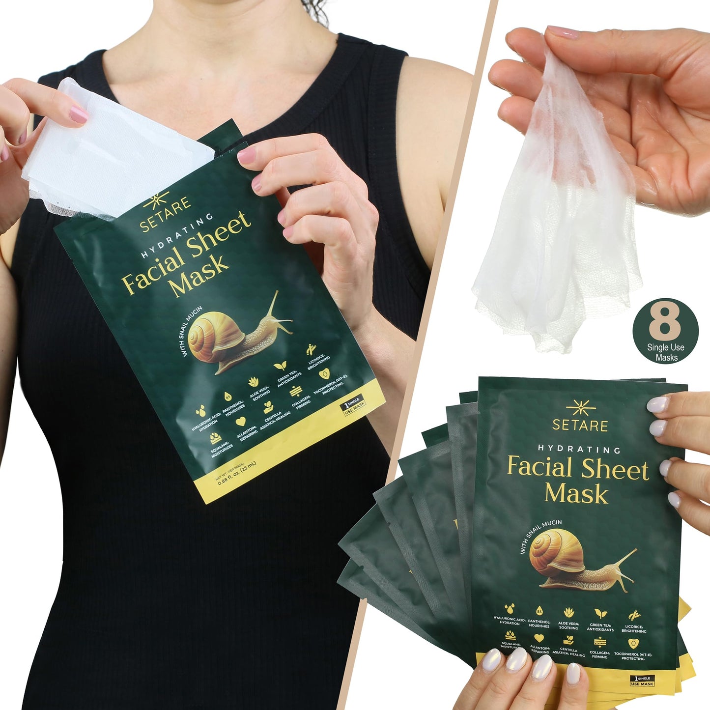 Setare Hydrating Sheet Masks with Snail Mucin, Collagen, Hyaluronic Acid & Premium Botanicals, Korean Beauty Tech, for All Skin Types - 8 Pack