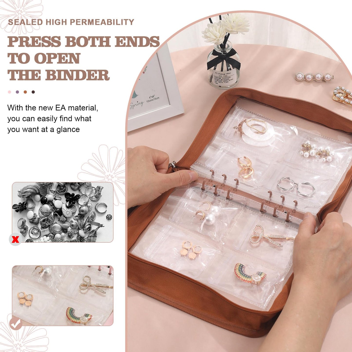 Jewelry Organizer Case Travel Jewelry Storage Bag Clear Jewelry Rolls (Light Brown,With 80 PCS Earring Pouches)