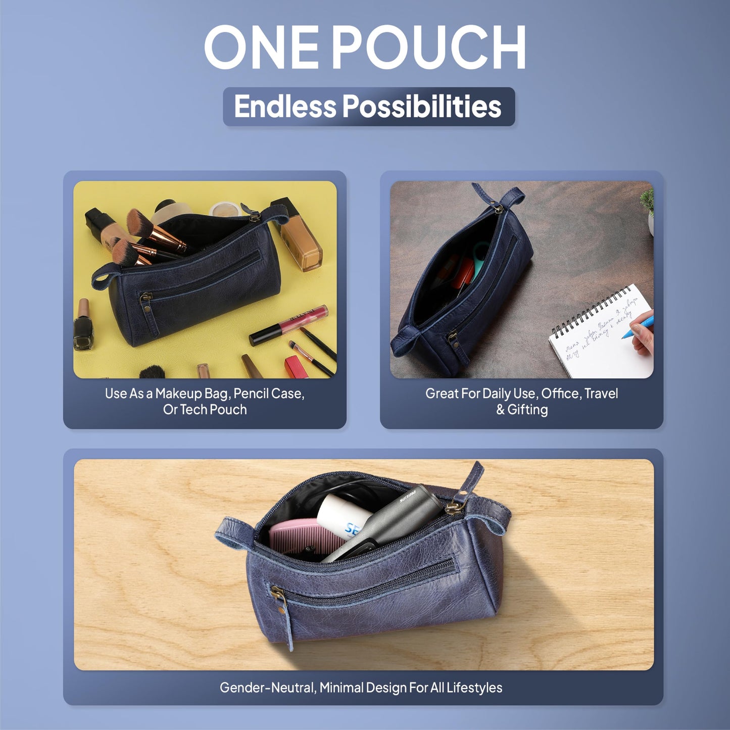 TheAntiq Leather Cosmetic Bags For Men and Women Travel Set HandCrafted Leather Makeup Bag, Small Toiletry Bag, Makeup Essentials Organiser Mini Cosmetic Pouch For Purse Dopp Kit