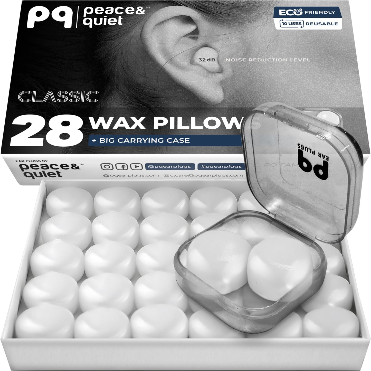 Peace&Quiet PQ Wax Ear Plugs for Sleeping - 28 Silicone Wax Earplugs for Sleeping and Swimming, Gel Ear Plugs for Noise Cancelling, Sound Blocking Level of 32 Db (28 Pillows), Color: White