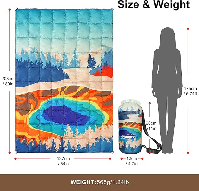 4Monster Down Camping Blanket - Outdoor Travel Quilt Puffy 650 Fill, Packable, Lightweight,Wind & Waterproof | Ideal for Stadium, Backpacking,Picnics, Beach and Hiking