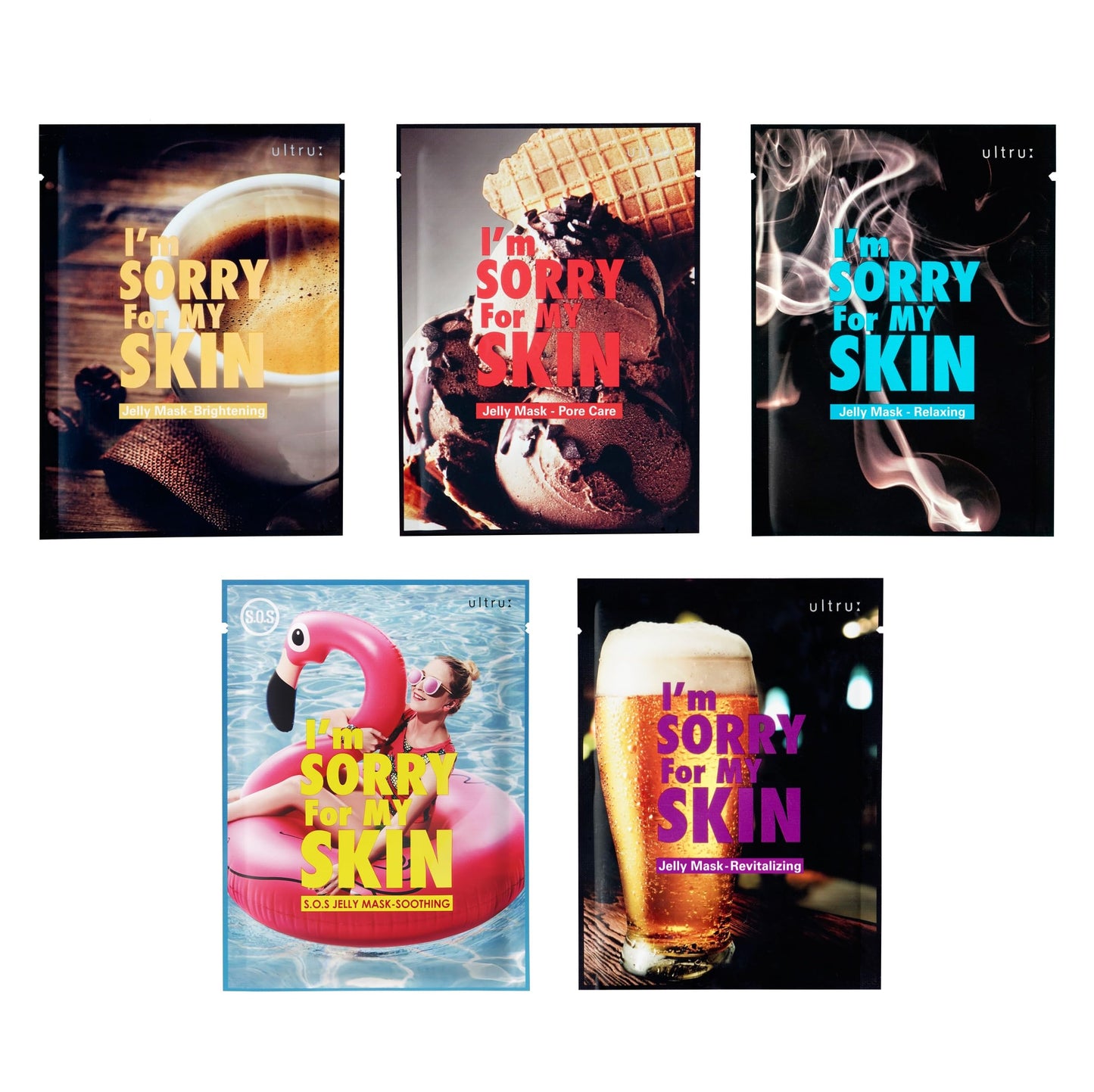 I'M SORRY FOR MY SKIN Jelly Mask Full Set for Skin Stress Relief, Korean Skin Care Travel Essentials Kit, K-Beauty Hydrating Face Mask Sheets, Gifts for Women (Pack of 5)