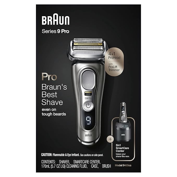 Braun Electric Razor for Men, Series 9 Pro 9465cc Wet & Dry Electric Foil Shaver with ProLift Beard Trimmer, Cleaning & Charging SmartCare Center, Head Shavers for Bald Men, Noble Metal
