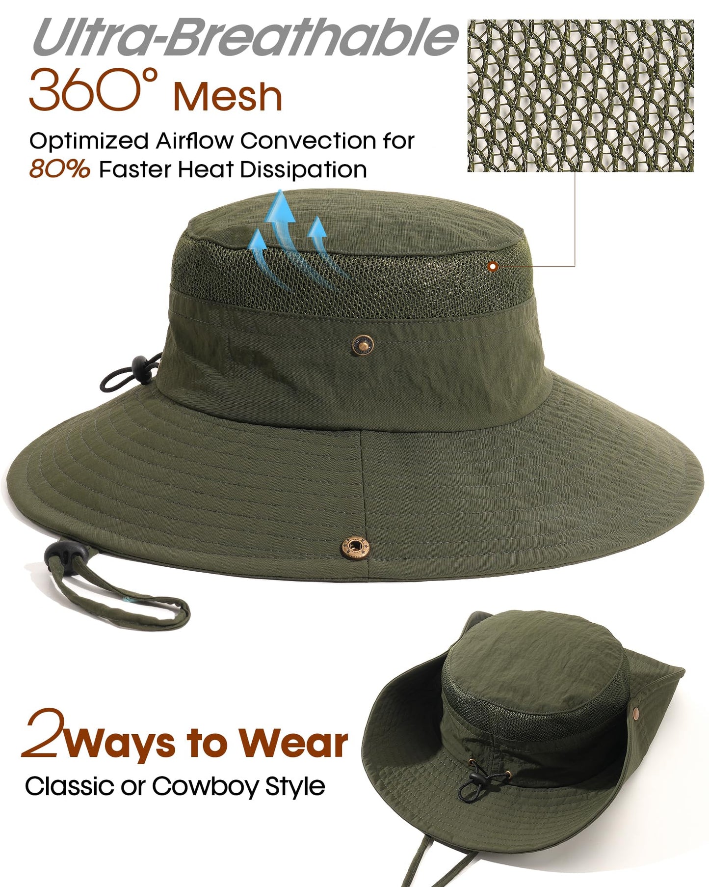 FURTALK Sun Hats for Men Women Fishing Hat UPF 80+ Breathable Wide Brim Hiking Summer UV Protection Bucket Hats Green