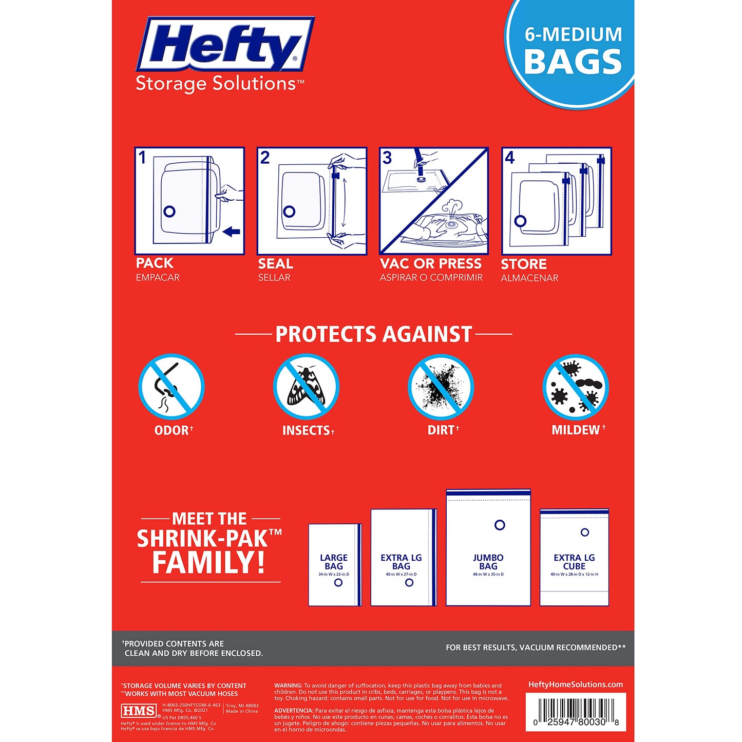 Hefty Shrink-Pak Vacuum Storage Bags - Space Saver for Under Bed Storage, Clothing and Comforters, 3X More Storage Space, 6 Medium Zipper Bags