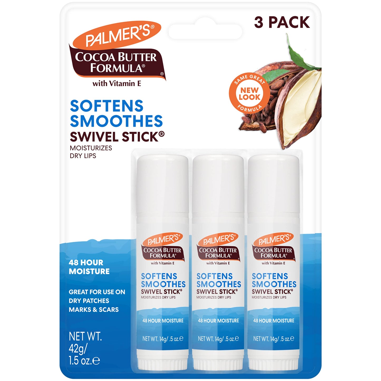 Palmer's Cocoa Butter Formula Moisturizing Swivel Stick with Vitamin E, Lip Balm Stocking Stuffer, Face & Body Moisturizer Stick, Ideal for Treating Dry Skin Patches (Pack of 3)