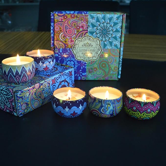 ELEGANTZ Scented Candles Gift Set – 4 Assorted Travel Tin Candles with Flower Petals, Rich Fragrance for Aromatherapy, Home Decor – Perfect for Housewarming, Birthdays, Spa, Bath, Meditation