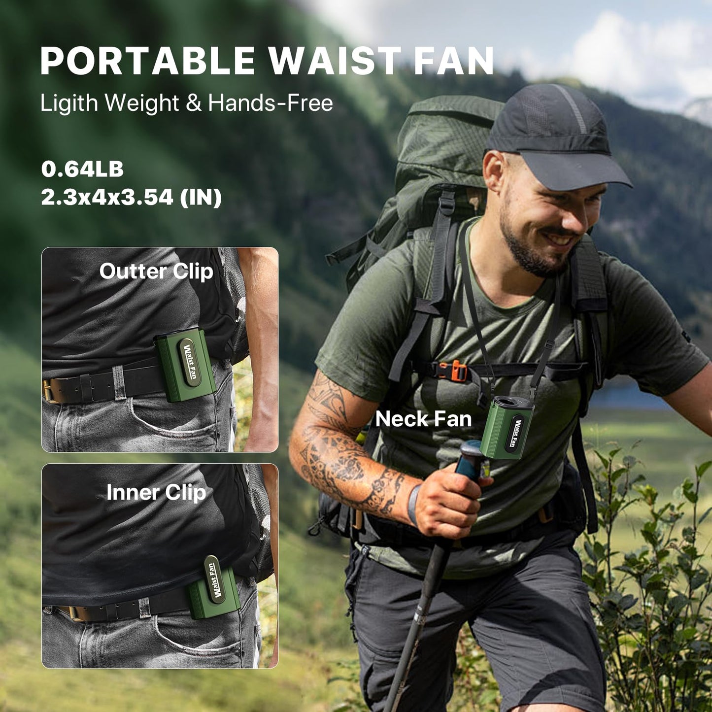 Portable Fan, Personal Waist Fan with 20000RPM Strong Airflow 4 Speeds Setting Hands-Free Hanging Neck Fan Rechargeable with up to 25H,Dual-Sided Clip on Wearable Belt design for Camping, Outdoor