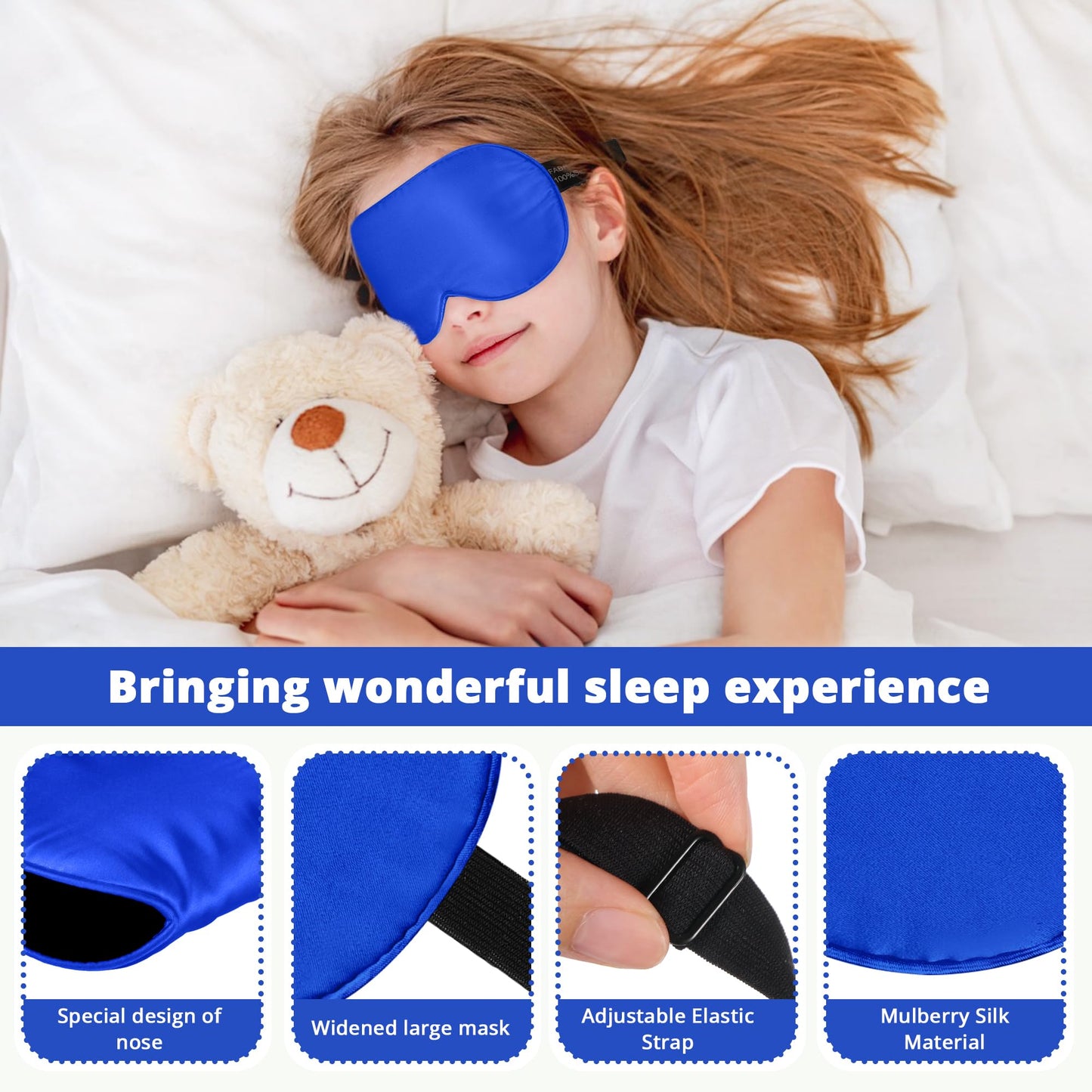 Kids Sleep Mask Eye Cover, 100% Real Natural Pure Silk Eye Mask with Adjustable Strap, Blindfold Kids Eye Mask for Sleeping, Eye Shade for Boys Girls and Adult, Pressure-Free Comfort (Royal Blue)