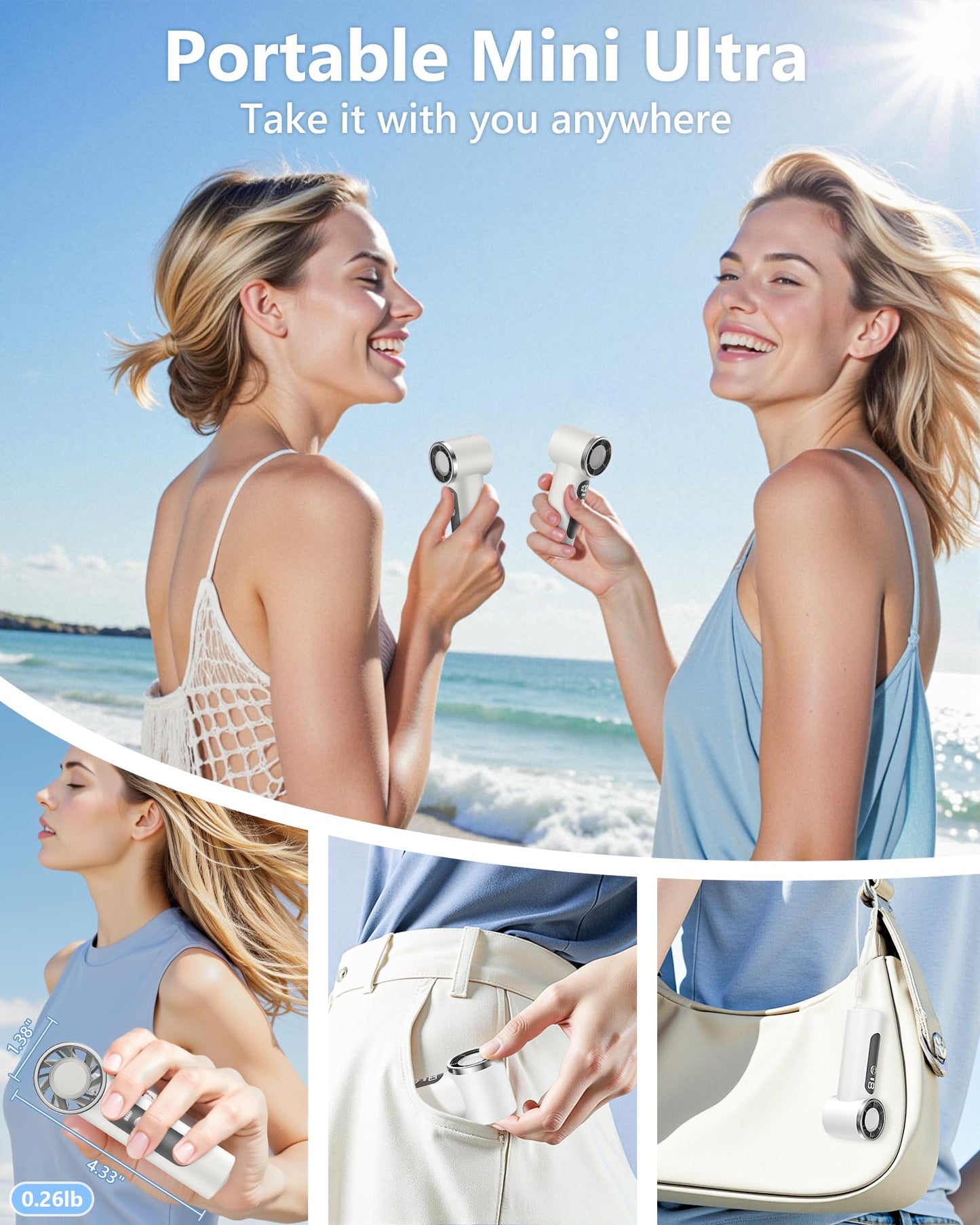 AGEYOU Portable Handheld Fan,4000mAh Rechargeable Turbo Personal Mini Fan,Pocket Design for Travel,Concerts,Sports Games,Camping,Hiking,Best Gifts for Women in Summer